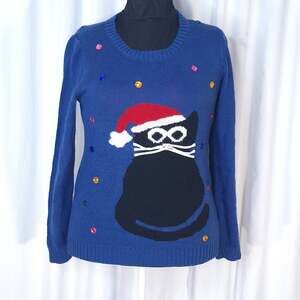 Carolyn Taylor Women’s XL Blue Santa Black Cat Ugly Christmas Sweater Cute